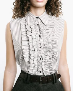 Striped Ruffle-Front Sleeveless Shirt